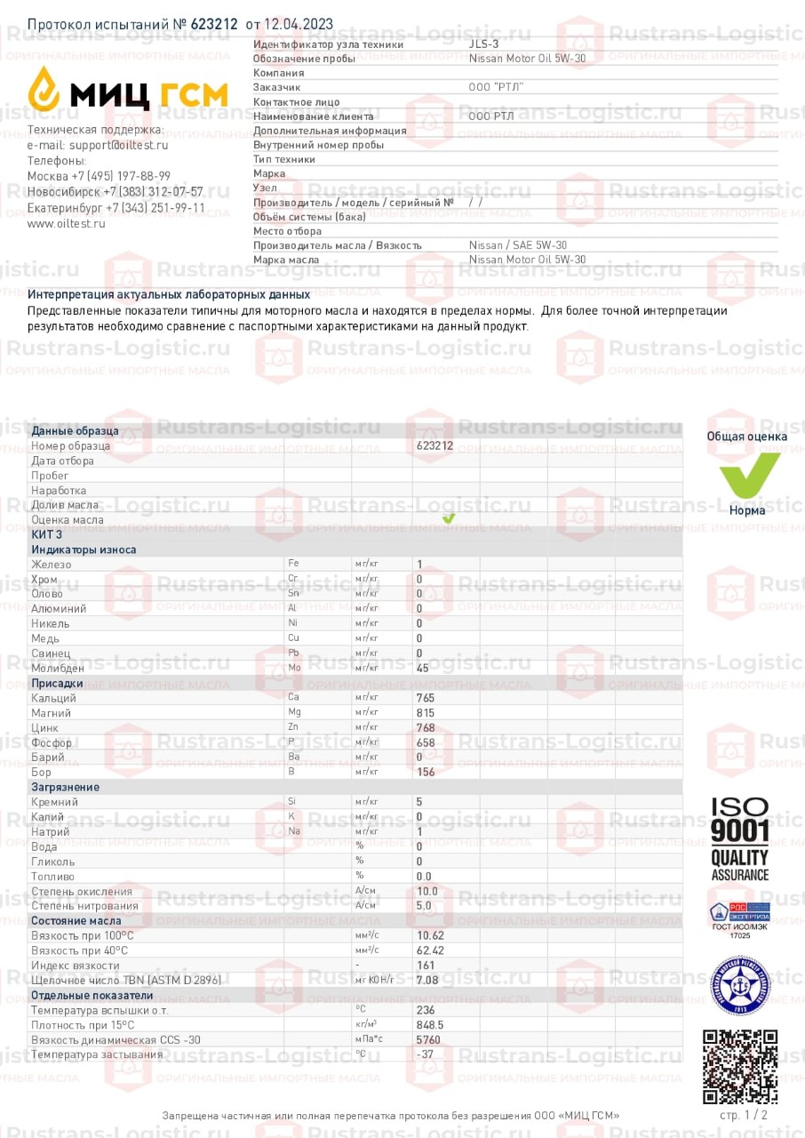 МИЦ ГСМ. г. Москва. Протокол испытаний Nissan Motor Oil SP 5W-30_page-0001.jpg